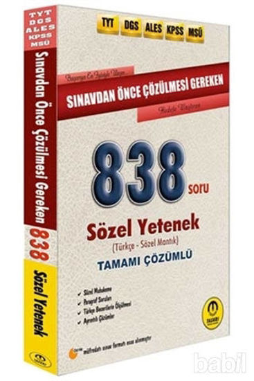 Picture of ALES DGS KPSS MSÜ TYT Sınavdan Önce Çözülmesi Gereken 838 Soru Sözel Yetenek